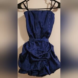 Blue Strapless Dress W/ Tonal Floral Jacquard Pattern, Glossy Satin Like Finish!